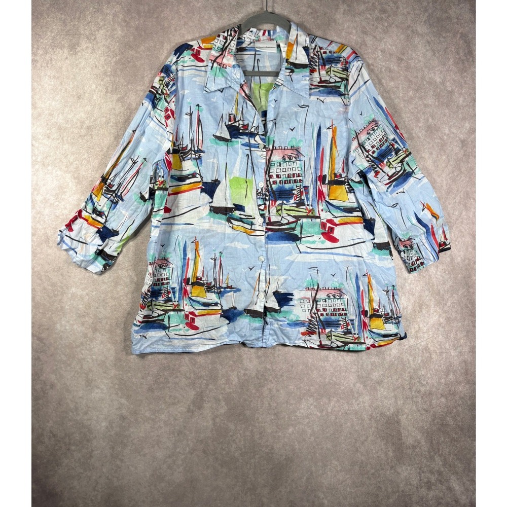 Alfred Dunner Button Down Shirt Womens 20 Blue Sailboat Nautical Collared Beach